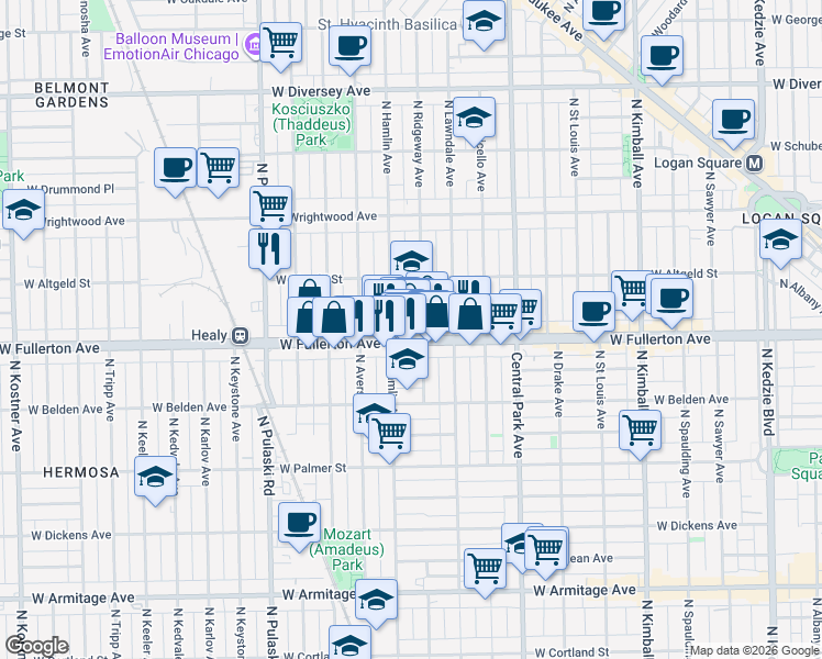 map of restaurants, bars, coffee shops, grocery stores, and more near 2415 North Hamlin Avenue in Chicago