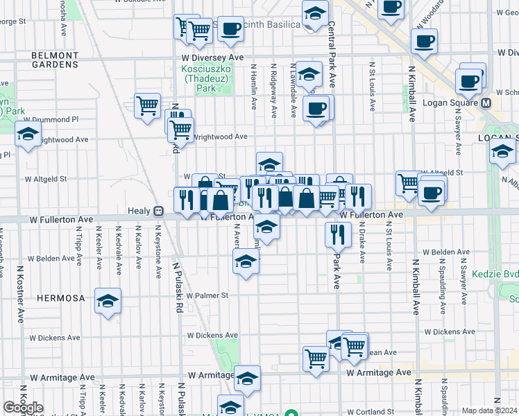 map of restaurants, bars, coffee shops, grocery stores, and more near 2415 North Hamlin Avenue in Chicago