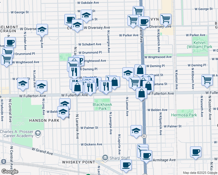map of restaurants, bars, coffee shops, grocery stores, and more near 5005 West Montana Street in Chicago