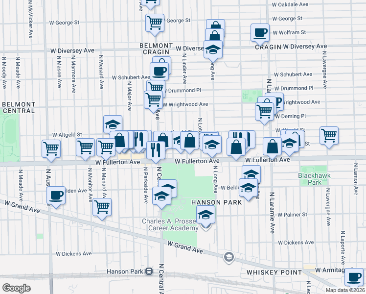 map of restaurants, bars, coffee shops, grocery stores, and more near 2435 North Linder Avenue in Chicago