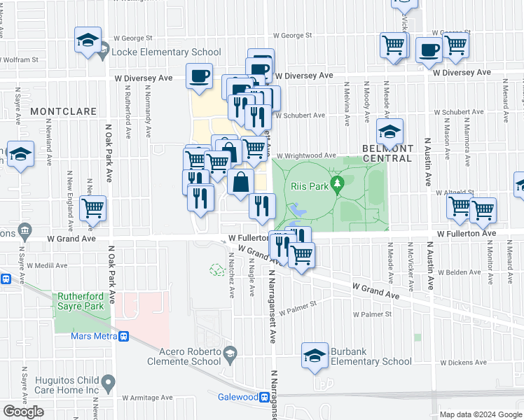 map of restaurants, bars, coffee shops, grocery stores, and more near 6420 West Fullerton Avenue in Chicago