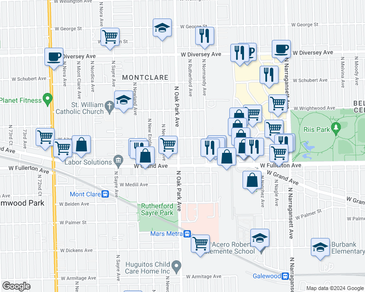 map of restaurants, bars, coffee shops, grocery stores, and more near 2445 North Oak Park Avenue in Chicago
