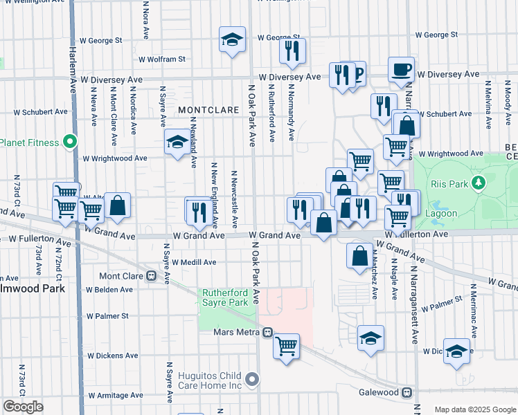 map of restaurants, bars, coffee shops, grocery stores, and more near 2445 North Oak Park Avenue in Chicago