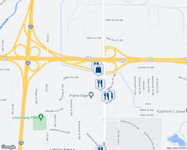 map of restaurants, bars, coffee shops, grocery stores, and more near 64 Miller Avenue Southwest in Cedar Rapids