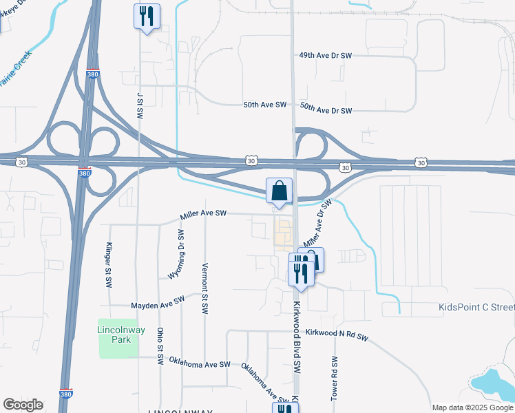 map of restaurants, bars, coffee shops, grocery stores, and more near 64 Miller Avenue Southwest in Cedar Rapids