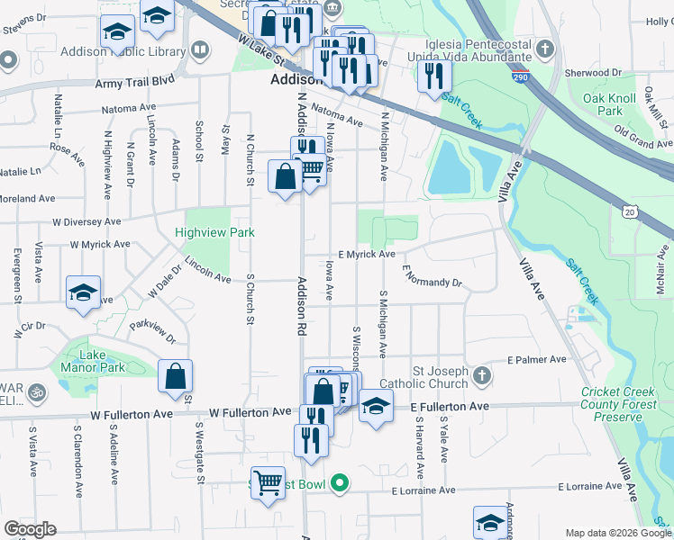 map of restaurants, bars, coffee shops, grocery stores, and more near 113 Iowa Avenue in Addison