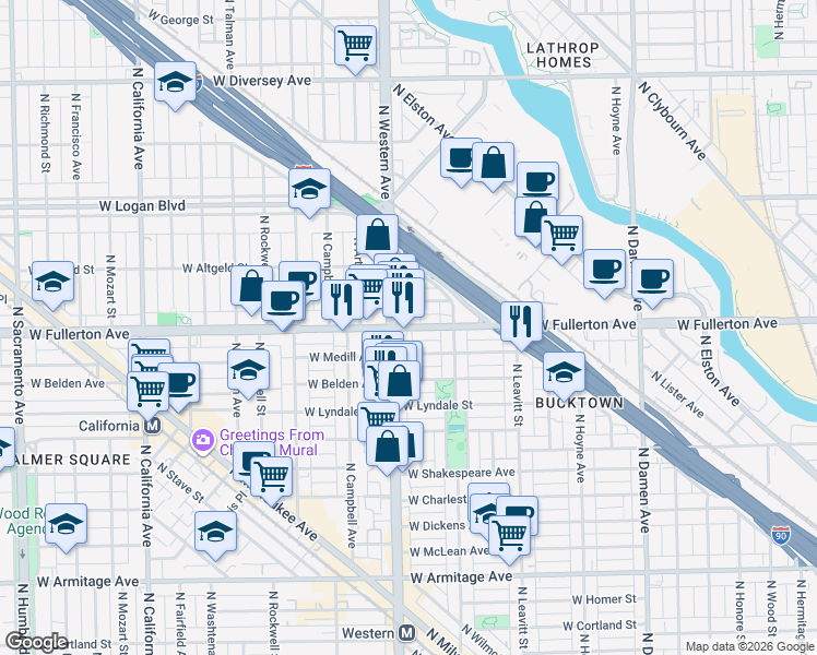 map of restaurants, bars, coffee shops, grocery stores, and more near 2401 North Western Avenue in Chicago