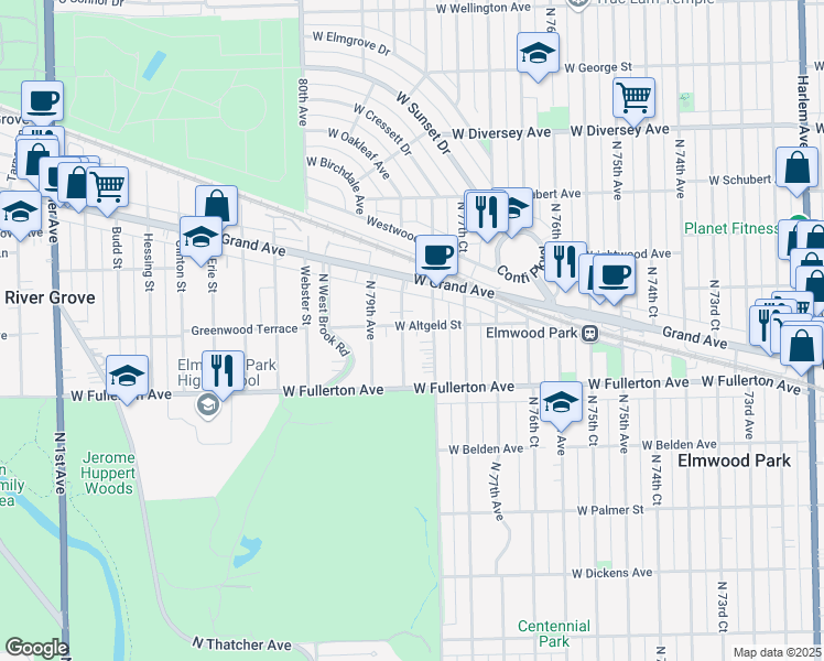 map of restaurants, bars, coffee shops, grocery stores, and more near 2439 North 78th Court in Elmwood Park
