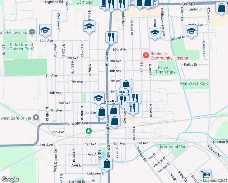 map of restaurants, bars, coffee shops, grocery stores, and more near 621 6th Avenue in Rochelle
