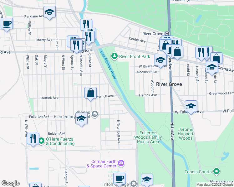 map of restaurants, bars, coffee shops, grocery stores, and more near 2508 N River Rd in River Grove