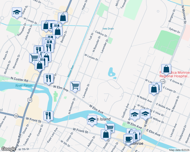 map of restaurants, bars, coffee shops, grocery stores, and more near 848 West Noble Avenue in Monroe