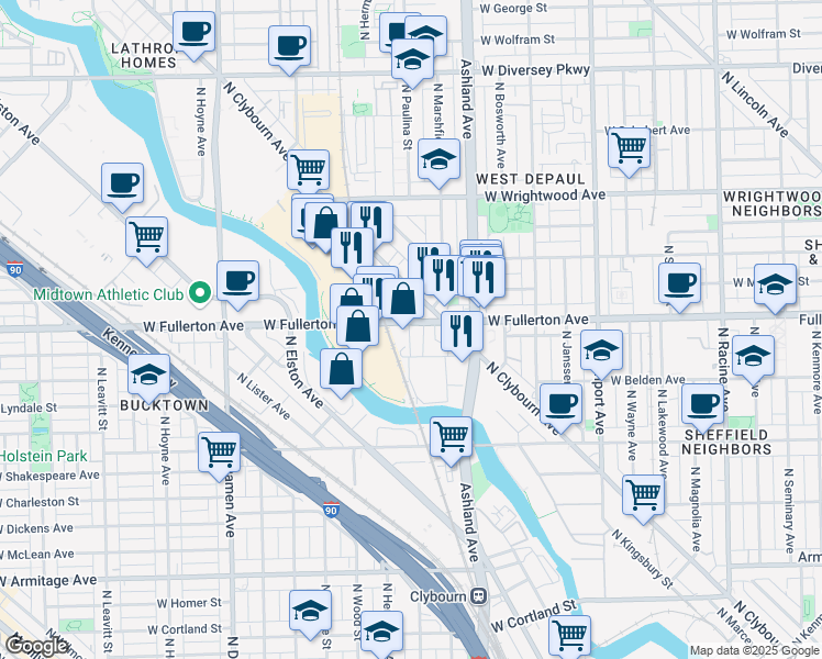 map of restaurants, bars, coffee shops, grocery stores, and more near 1665 West Fullerton Avenue in Chicago