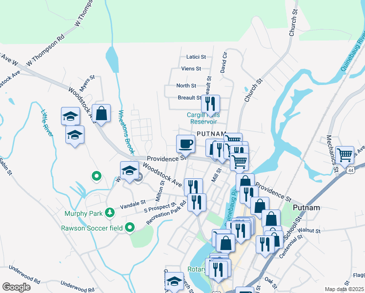 map of restaurants, bars, coffee shops, grocery stores, and more near 96 Battey Street in Putnam