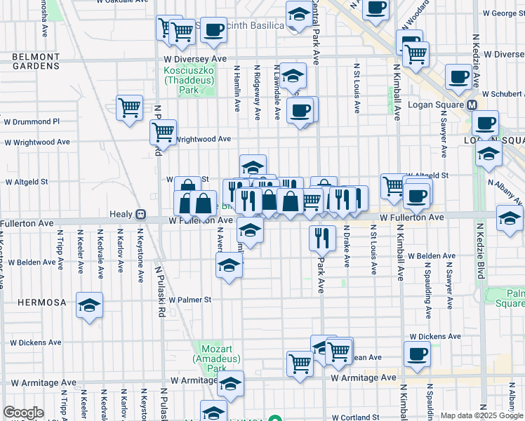 map of restaurants, bars, coffee shops, grocery stores, and more near 3724 West Fullerton Avenue in Chicago