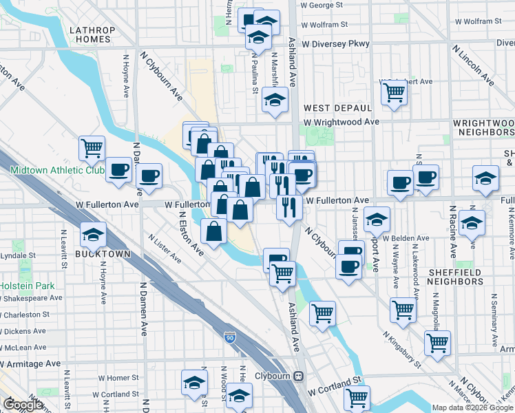 map of restaurants, bars, coffee shops, grocery stores, and more near 1665 West Fullerton Avenue in Chicago