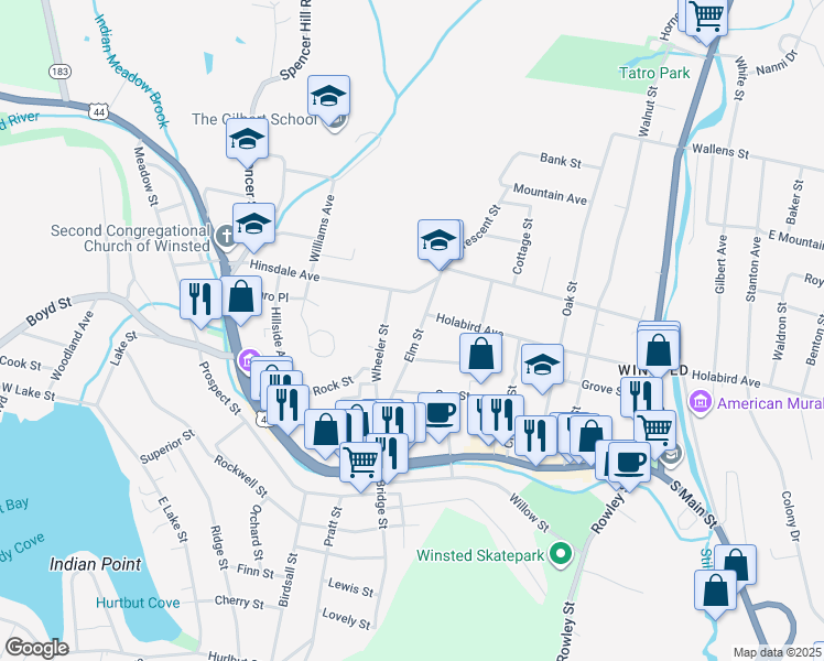 map of restaurants, bars, coffee shops, grocery stores, and more near 139 Elm Street in Winsted
