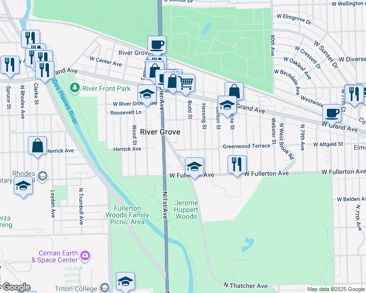 map of restaurants, bars, coffee shops, grocery stores, and more near 8314 Greenwood Terrace in River Grove