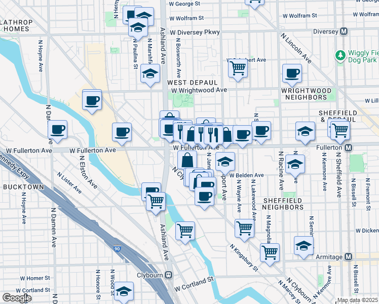 map of restaurants, bars, coffee shops, grocery stores, and more near 1509 West Fullerton Avenue in Chicago