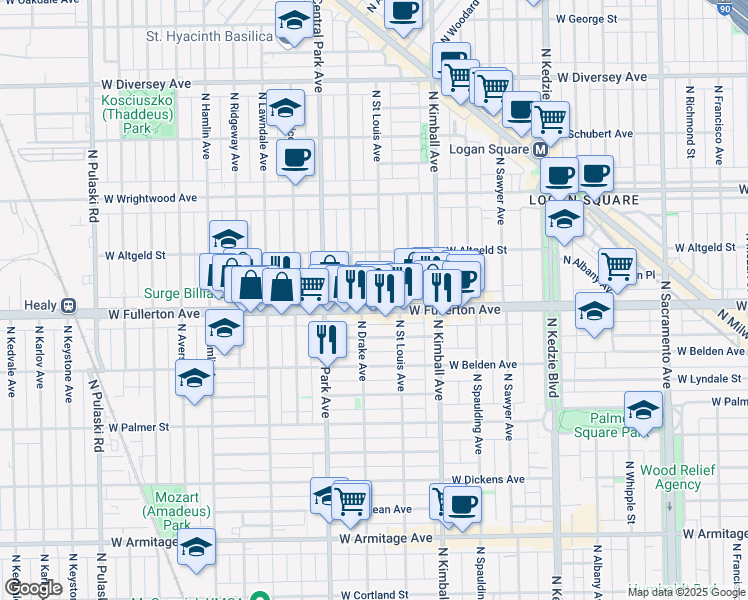 map of restaurants, bars, coffee shops, grocery stores, and more near 3500 West Fullerton Avenue in Chicago
