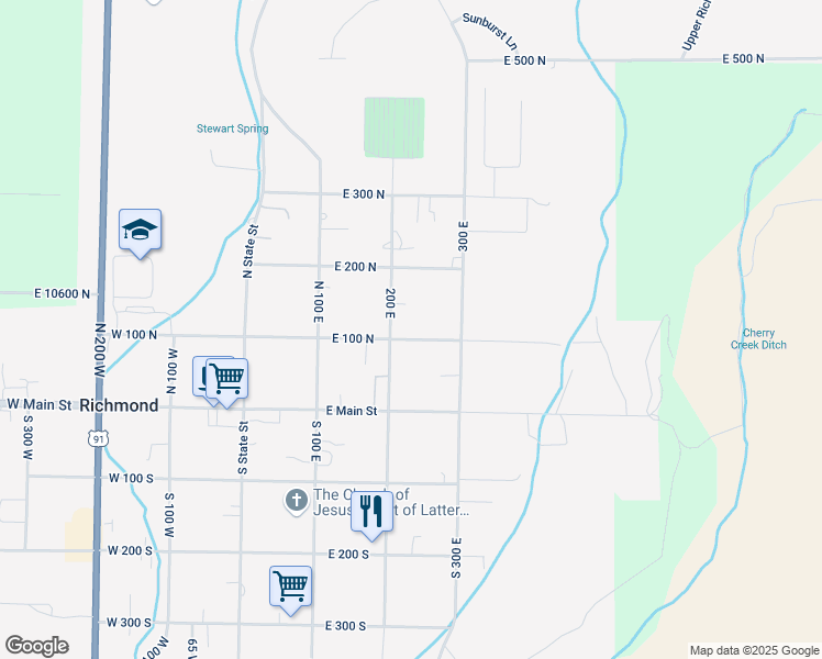 map of restaurants, bars, coffee shops, grocery stores, and more near 227 East 100 North in Richmond
