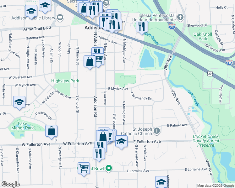 map of restaurants, bars, coffee shops, grocery stores, and more near 113 South Wisconsin Avenue in Addison