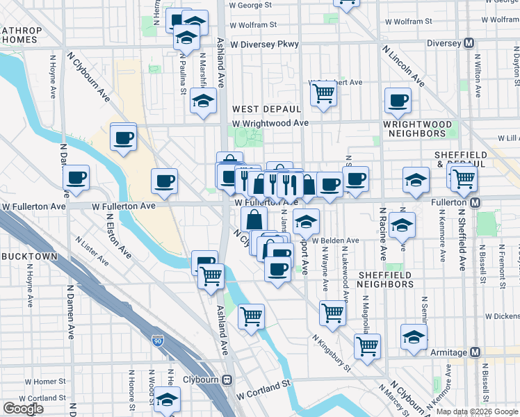 map of restaurants, bars, coffee shops, grocery stores, and more near 1503 West Fullerton Avenue in Chicago