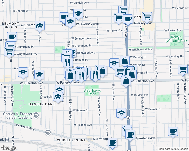 map of restaurants, bars, coffee shops, grocery stores, and more near 5017 West Montana Street in Chicago