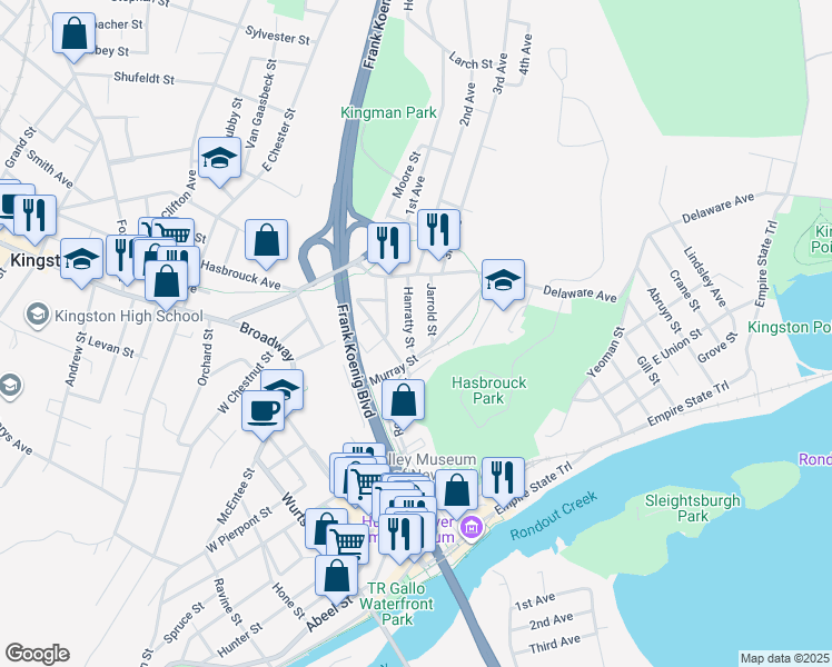 map of restaurants, bars, coffee shops, grocery stores, and more near 26 Hanratty St in Kingston
