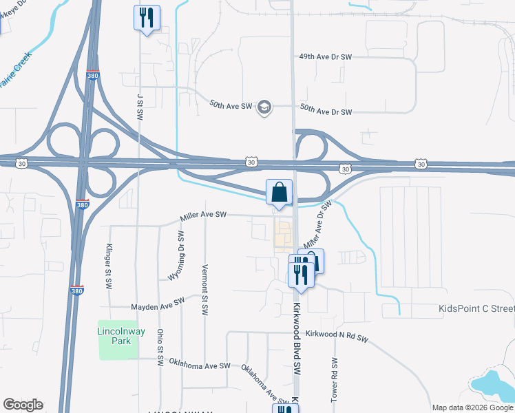 map of restaurants, bars, coffee shops, grocery stores, and more near 64 Miller Avenue Southwest in Cedar Rapids