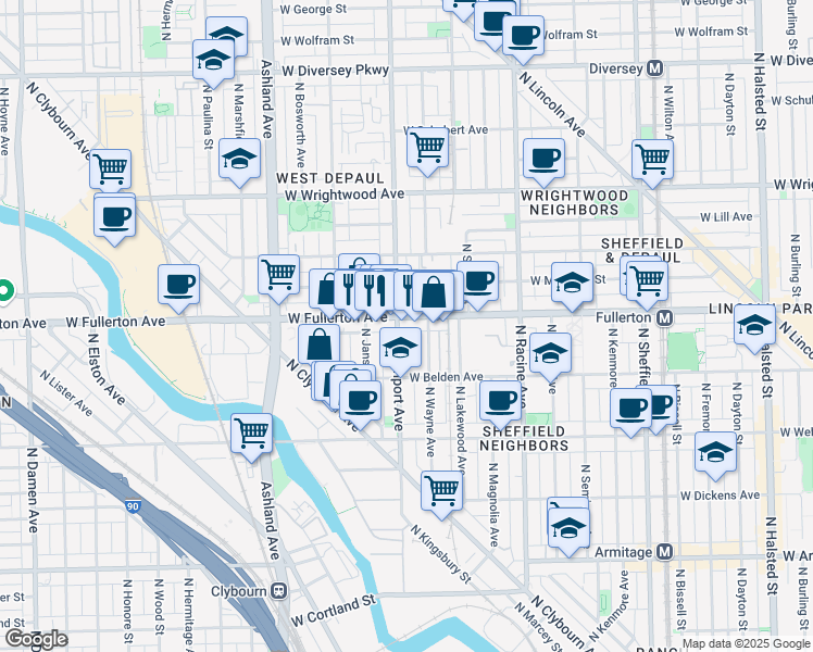 map of restaurants, bars, coffee shops, grocery stores, and more near 1363 West Fullerton Avenue in Chicago
