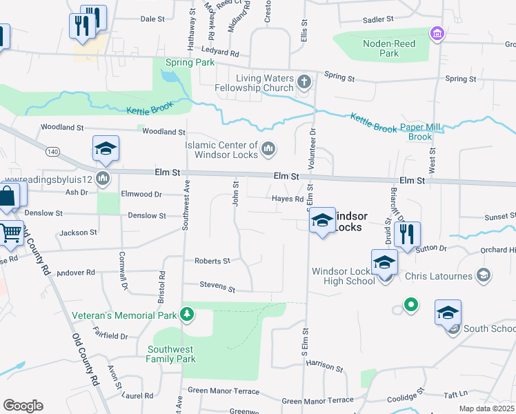 map of restaurants, bars, coffee shops, grocery stores, and more near 61 Patty Lane in Windsor Locks