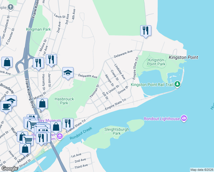 map of restaurants, bars, coffee shops, grocery stores, and more near 34 Ponckhockie Street in Kingston