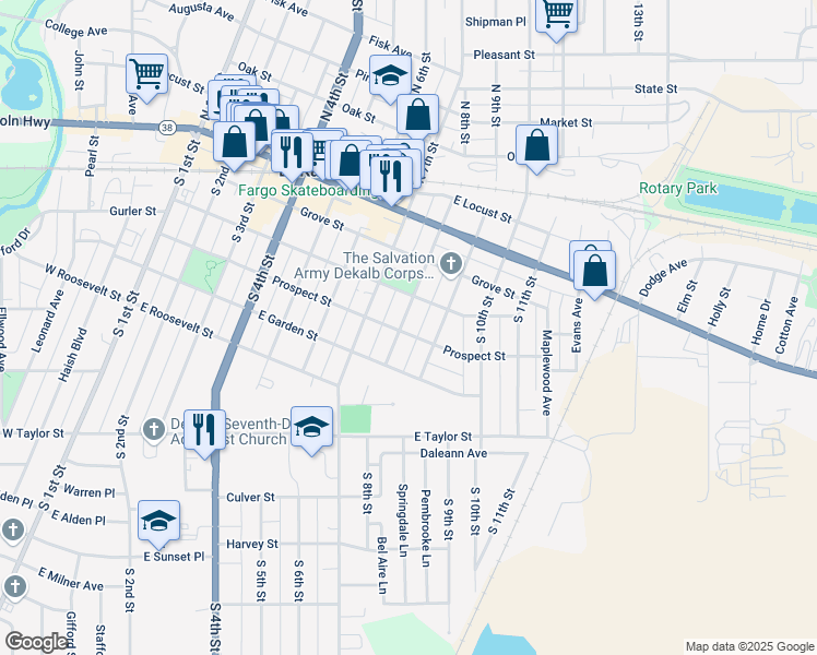 map of restaurants, bars, coffee shops, grocery stores, and more near 330 South 8th Street in DeKalb
