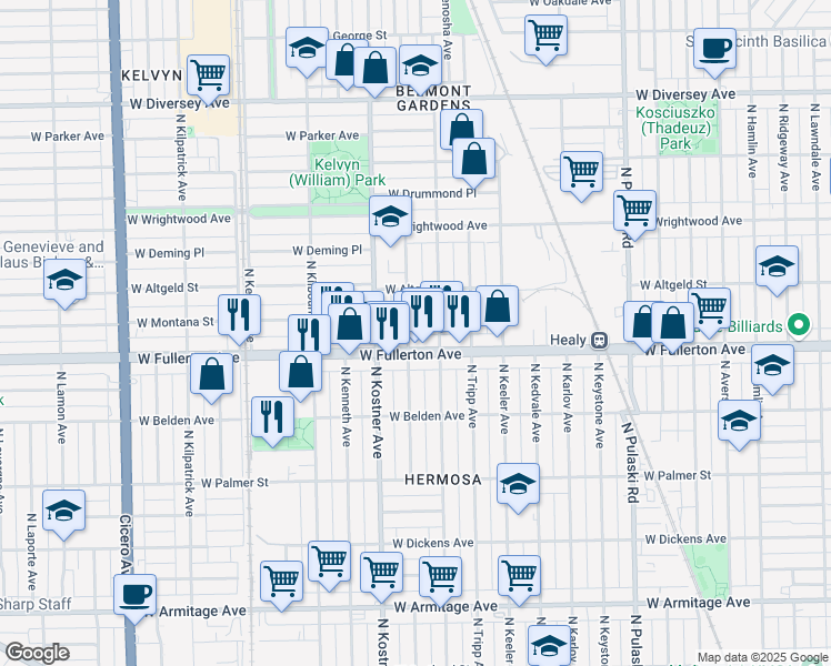 map of restaurants, bars, coffee shops, grocery stores, and more near 2415 North Lowell Avenue in Chicago