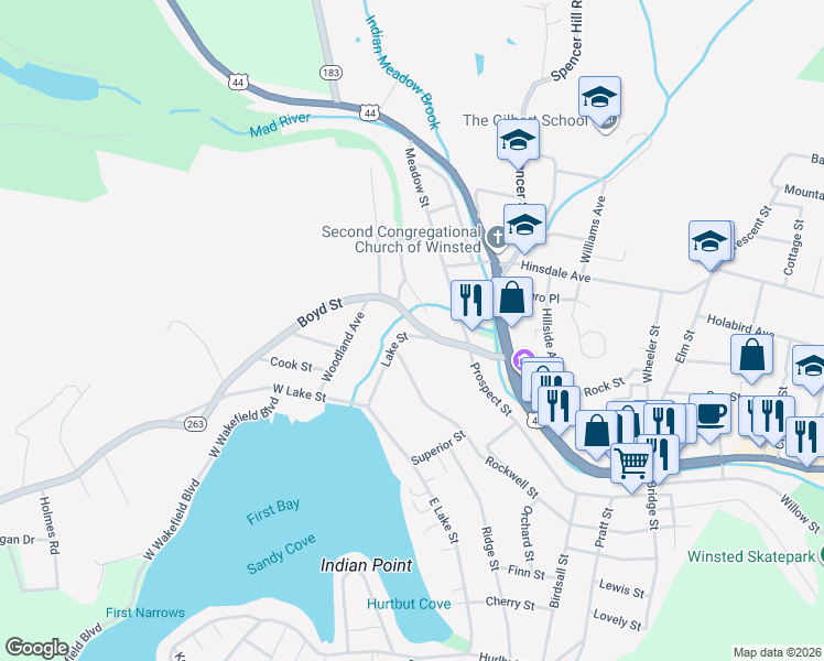 map of restaurants, bars, coffee shops, grocery stores, and more near 100 Lake Street in Winsted
