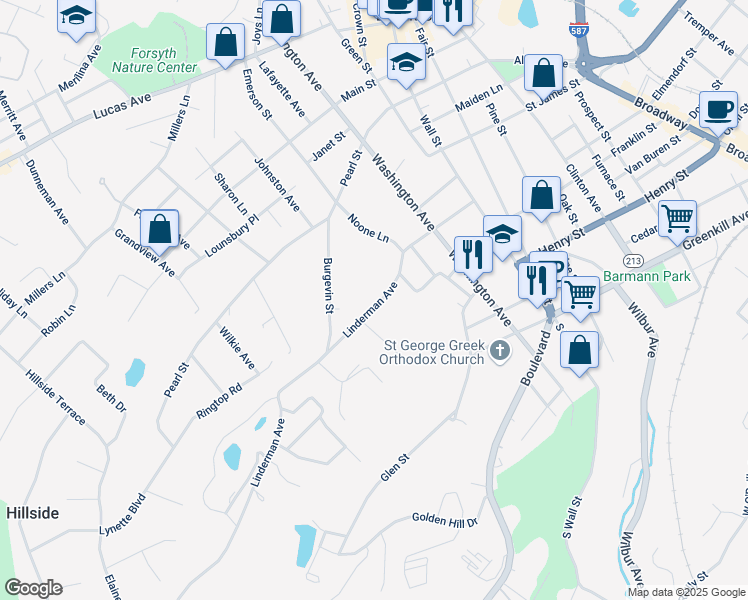 map of restaurants, bars, coffee shops, grocery stores, and more near 139 Linderman Avenue in Kingston