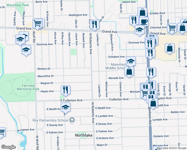 map of restaurants, bars, coffee shops, grocery stores, and more near 2555 North Roberta Avenue in Melrose Park