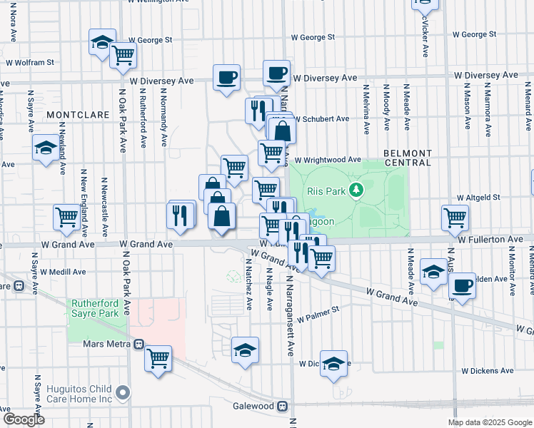 map of restaurants, bars, coffee shops, grocery stores, and more near 6420 West Fullerton Avenue in Chicago