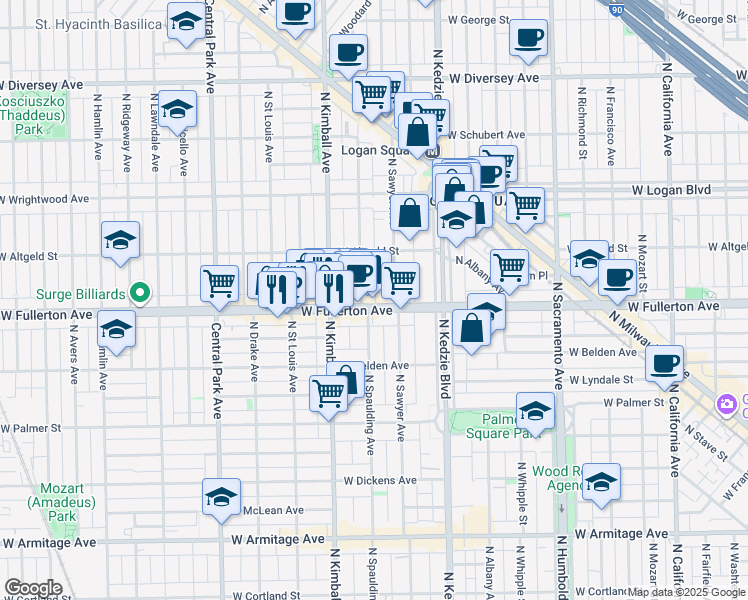 map of restaurants, bars, coffee shops, grocery stores, and more near 3248 West Fullerton Avenue in Chicago