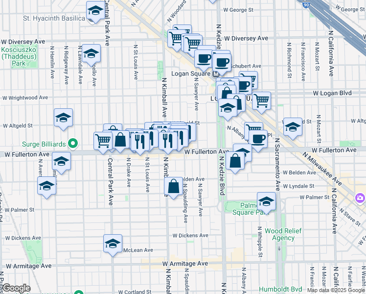 map of restaurants, bars, coffee shops, grocery stores, and more near 2401 North Spaulding Avenue in Chicago