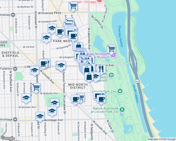 map of restaurants, bars, coffee shops, grocery stores, and more near 2345 North Clark Street in Chicago