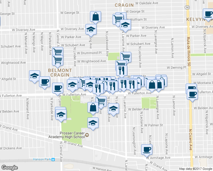 map of restaurants, bars, coffee shops, grocery stores, and more near 2428 North Lockwood Avenue in Chicago
