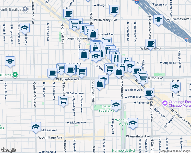 map of restaurants, bars, coffee shops, grocery stores, and more near 2403 North Kedzie Boulevard in Chicago