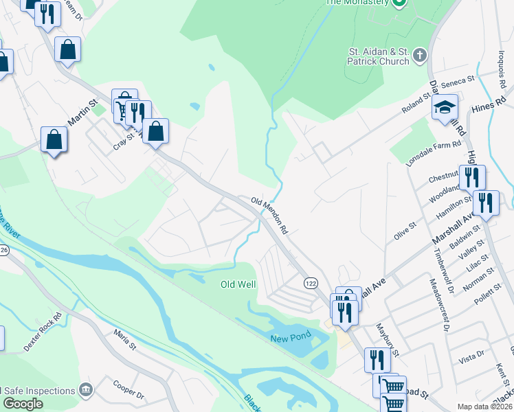 map of restaurants, bars, coffee shops, grocery stores, and more near 699 Mendon Road in Cumberland