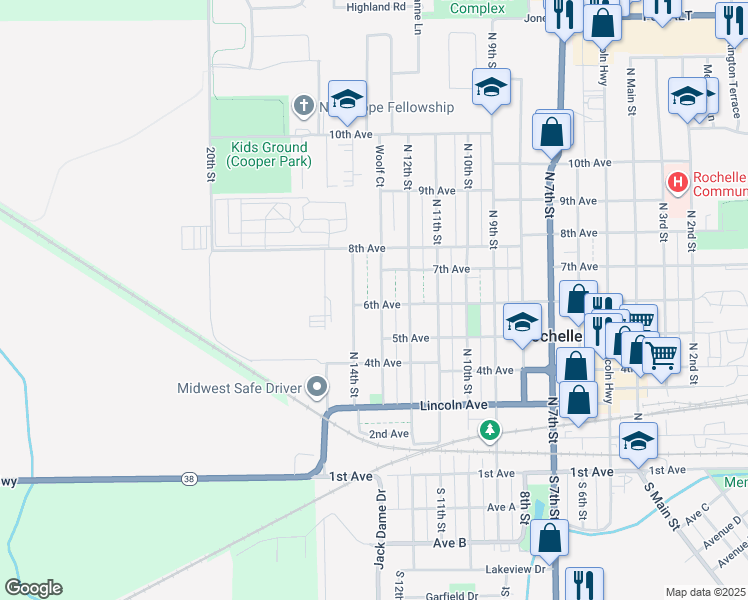 map of restaurants, bars, coffee shops, grocery stores, and more near 1223 6th Avenue in Rochelle