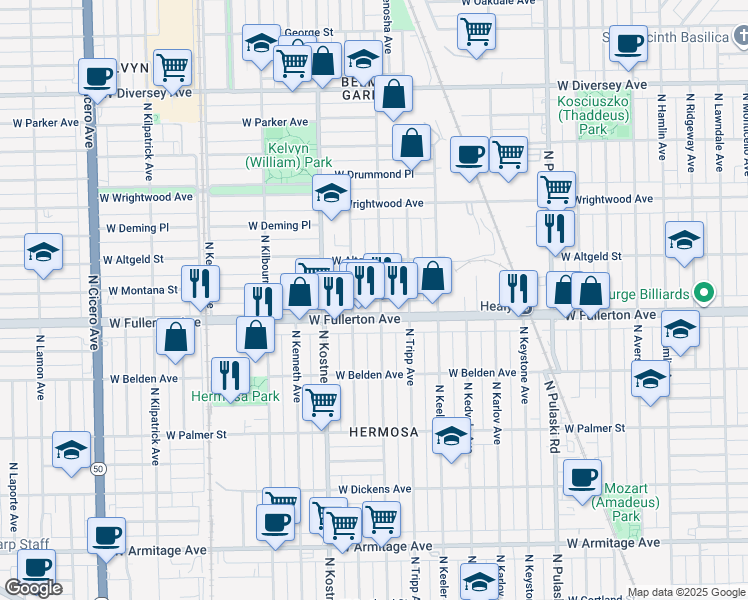 map of restaurants, bars, coffee shops, grocery stores, and more near 2414 North Kildare Avenue in Chicago