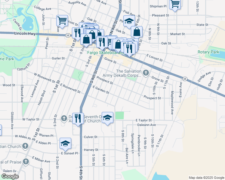 map of restaurants, bars, coffee shops, grocery stores, and more near 420 South 6th Street in DeKalb