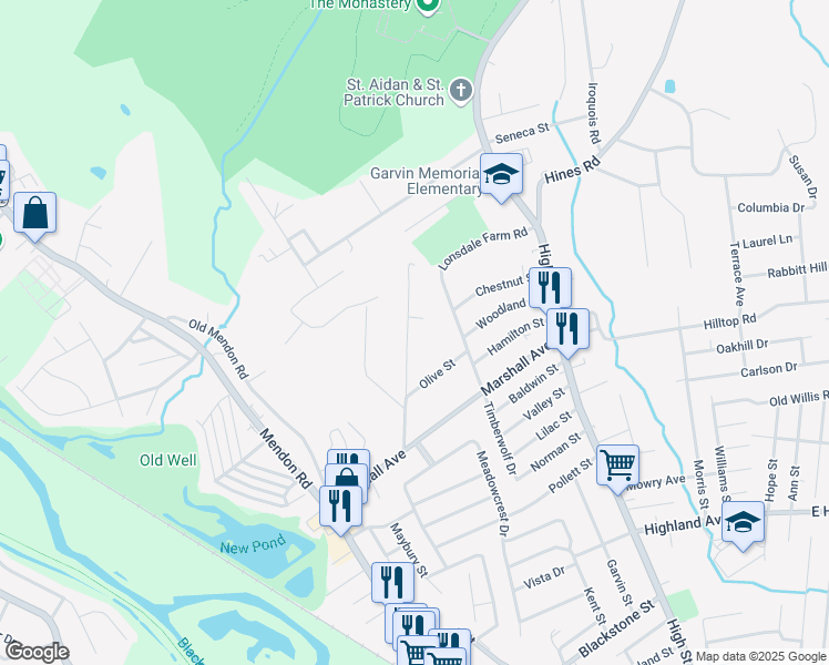 map of restaurants, bars, coffee shops, grocery stores, and more near 57 Garden Street in Cumberland