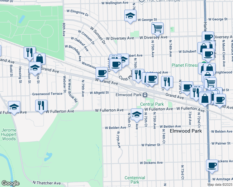 map of restaurants, bars, coffee shops, grocery stores, and more near 2444 North 77th Avenue in Elmwood Park