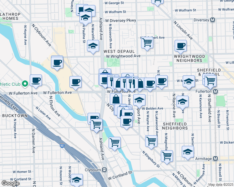 map of restaurants, bars, coffee shops, grocery stores, and more near 1509 West Fullerton Avenue in Chicago